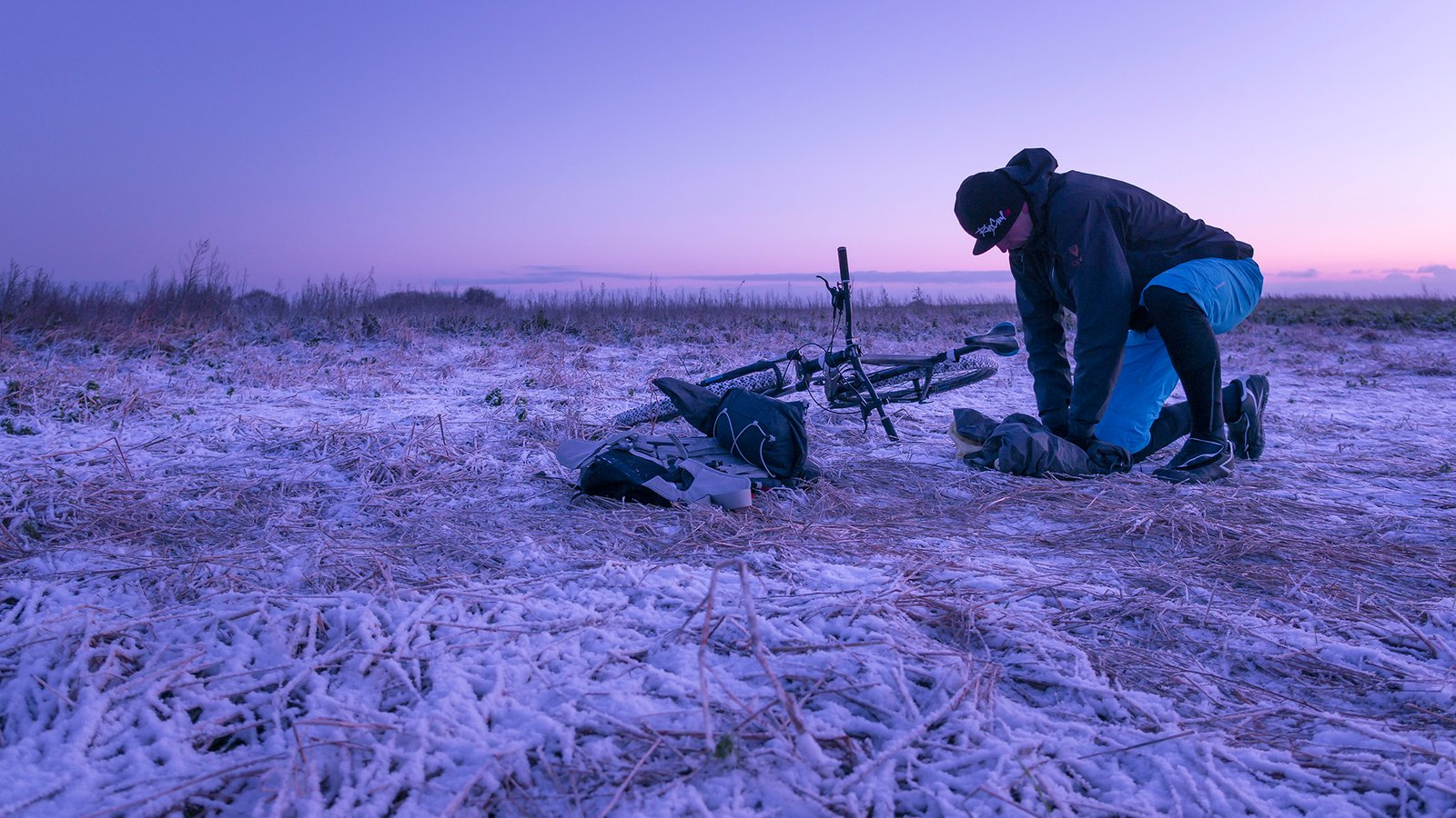 Libor Bednarik wild camping, bikepacking in the middle of winter.
